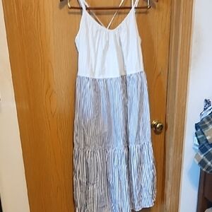 Elegant Blue and White Striped Midi Dress